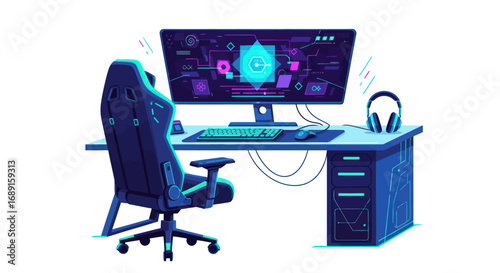 Modern Gaming Setup with Ergonomic Chair and High-Performance Computer.