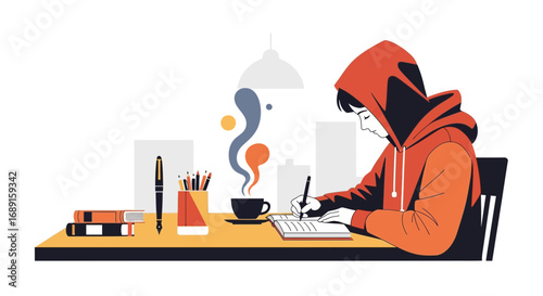 Illustration of a hooded person studying or writing at a desk with coffee and books creates a