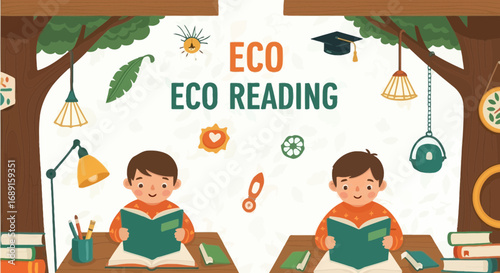 Children Embracing Eco-Friendly Reading in a Whimsical and Educational Environment
