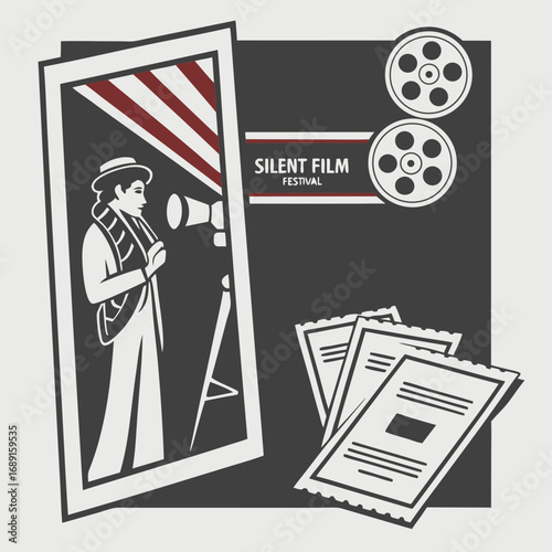 Silent Film Festival Poster: Vintage Movie Camera Illustration