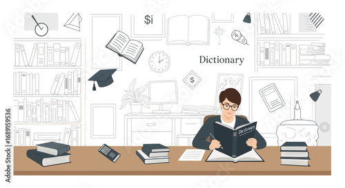 Illustration of a man reading a dictionary at his desk in a study room environment