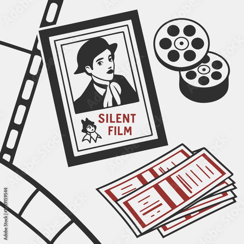 Silent Film Memorabilia: Flatlay of Film Reel, Tickets and Vintage Portrait