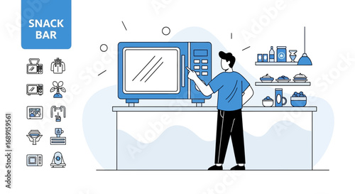 Illustration of a man using a microwave oven in a snack bar or modern kitchen setting