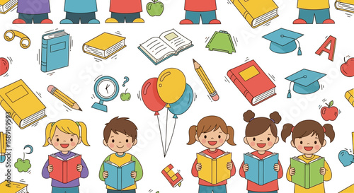 Colorful back to school cartoon seamless pattern illustration for education designs projects
