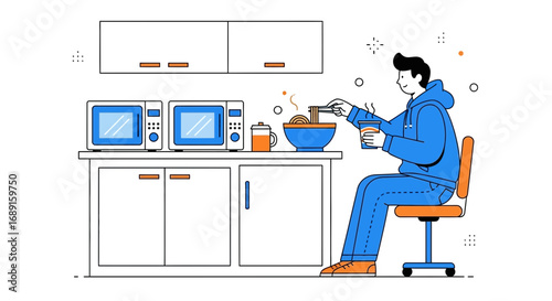 Illustration of a person in the kitchen having noodles and a drink minimalist style