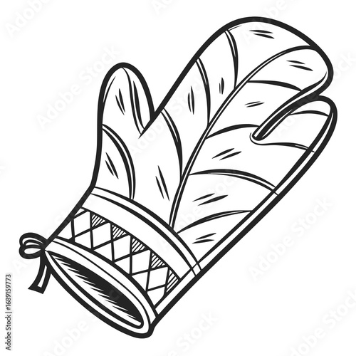 Black and white oven mitt illustration with kitchen safety and cooking theme