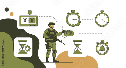 Conceptual Illustration of Military Precision and Timing with Soldier and Time Devices