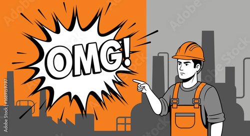 Construction worker expression looking at an industrial accident with the OMG message