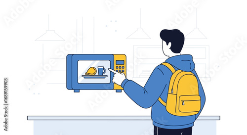 Illustration of a Person Using a Microwave to Heat Up Food and Drink in a Modern Kitchen