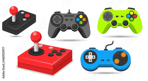 Colorful Collection of Retro and Modern Video Game Controllers and Joysticks.