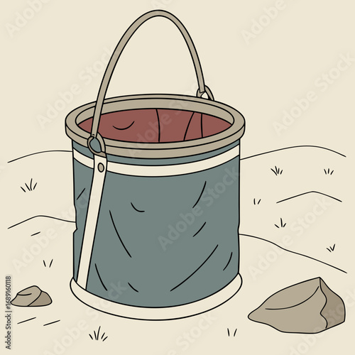 Teal Metal Bucket on Beige Ground with Rocks