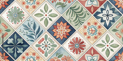 Vibrant arrangement of tiles showcases an array of intricate floral designs and geometrics.Each tile displays a harmonious blend of colors such as green,blue,and coral,forming a captivating mosaic.AI