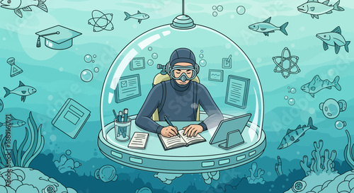 Illustration of a Scuba Diver Working at a Desk in an Underwater Dome Environment Creating a