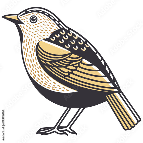 Tapaculo bird illustration in simple lines with gold and black colors  