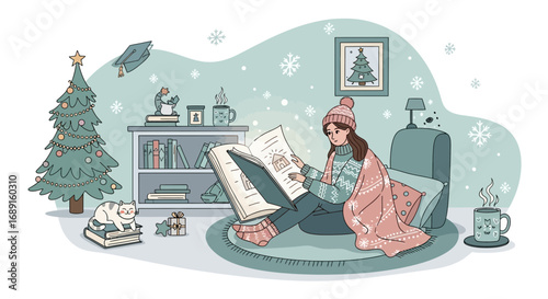 Cozy winter scene with a woman reading a book by the Christmas tree indoor relaxing