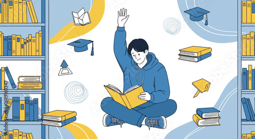 Illustration of a student reading in the library, education and knowledge development promotion