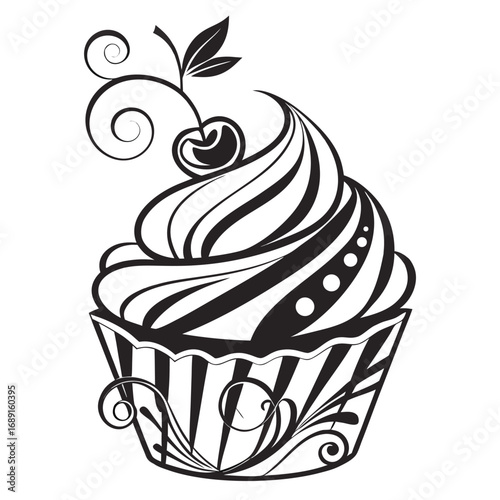 Abstract monochrome cupcake swirl logo design with elegant curves and modern appeal
