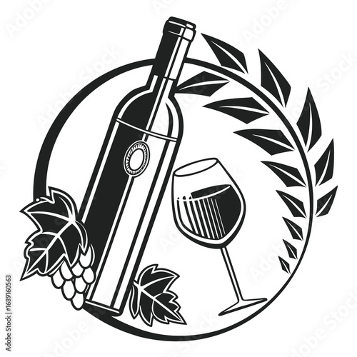Elegant black and white illustration of a wine bottle and glass perfect for beverage and hospitality themes