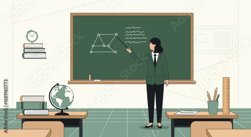 Illustration of a Teacher Explaining Geometry on the Chalkboard in a Classroom Scene