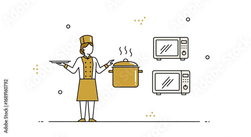 Culinary expertise illustration of a chef at work with pot and microwaves in a kitchen setting