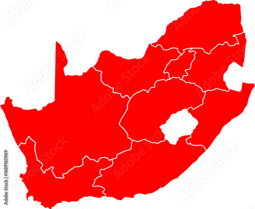 A minimalist vector map of South Africa, highlighting all provincial borders in a bold red color. Ideal for striking presentations, reports, and data visualization.

