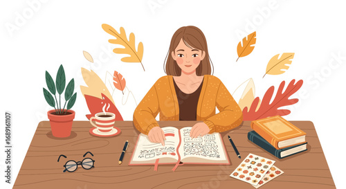 Illustration of a woman journaling at a desk with autumn elements and cozy ambiance