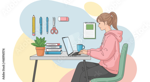 Illustration of a woman working at home on her laptop with desk accessories around her
