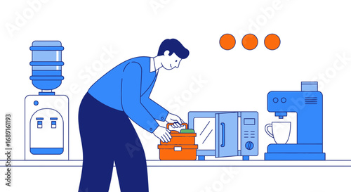 Illustration of a worker preparing his lunch at work inside the company cafeteria area
