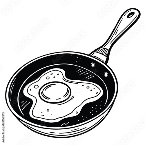 Simple black and white silhouette of a frying egg on a white background