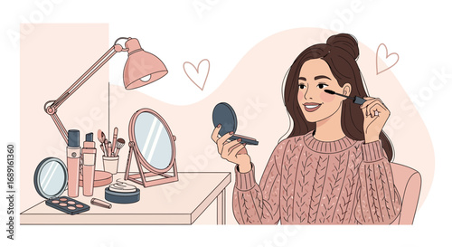 Illustration of a young woman applying makeup at her vanity table in a cozy room