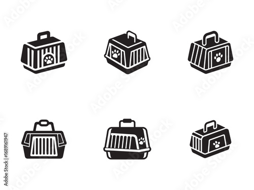 Vector set of pet carrier icons for animal transportation and travel including different styles and designs