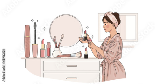 Elegant woman applying lipstick at her dressing table in a serene beauty routine illustration