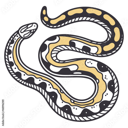 Colorful snake illustration with black and yellow patterns  