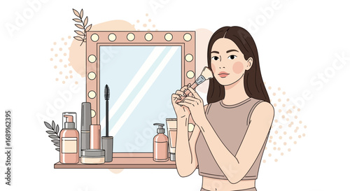 Elegant woman applying makeup in front of a vanity mirror with cosmetics products