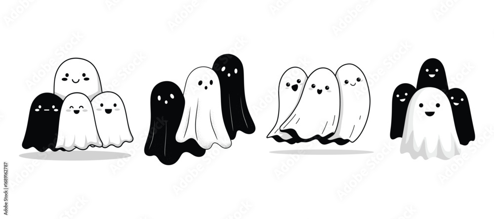 Εκτύπωση καμβά Adorable black and white cartoon ghosts with happy faces form cute groupings for Halloween illustrations