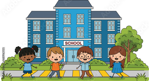Happy children crossing road, school building background, elementary students, safe walk to school, kids learning, education, cartoon style illustration.