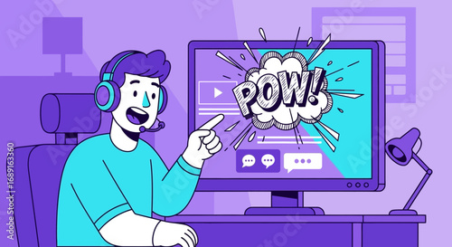Engaging live streamer interacting with audience on computer in a vibrant purple setting