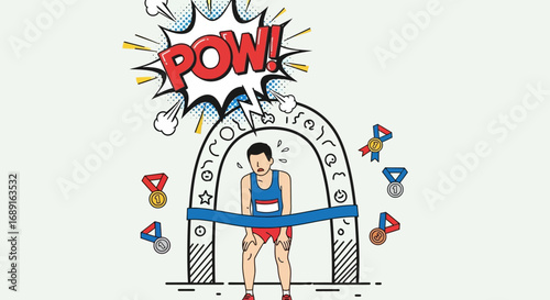 Exhausted Marathon Runner Crossing the Finish Line in Pop Art Style Illustration