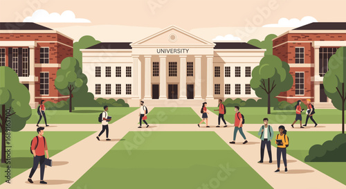 University campus with students walking, modern college life, academic buildings, higher education, student lifestyle, learning environment, school architecture, sunny day.