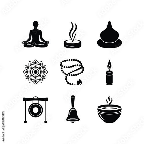 Collection of spiritual and meditation icons including yoga mandala mala beads and incense