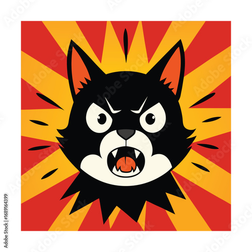 Furious black cat face with wide eyes and red yellow background