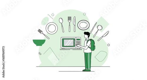 Illustration depicting a student using a microwave surrounded by kitchenware and utensils in a