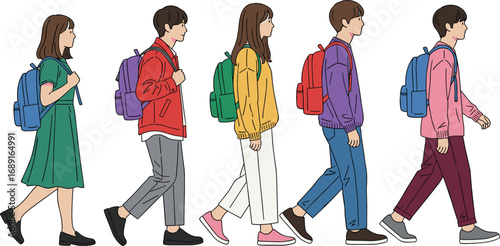 Young adults walking with backpacks, group of friends walking, casual fashion, diverse students, outdoor walking, modern backpacks, urban style