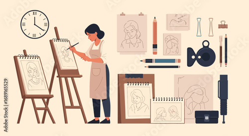 Illustration of a female artist drawing a portrait in her studio with artistic supplies