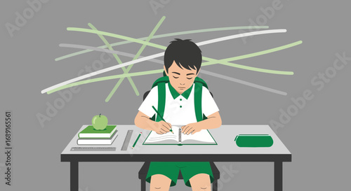 Illustration of a Focused Schoolboy Studying at His Desk with Books and an Apple Student life