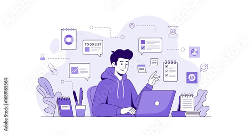 Illustration of a Focused Man Working on a Laptop with Various Task Management Elements
