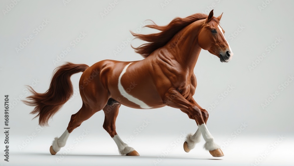 Obraz premium Chestnut horse with white markings running on a plain background.