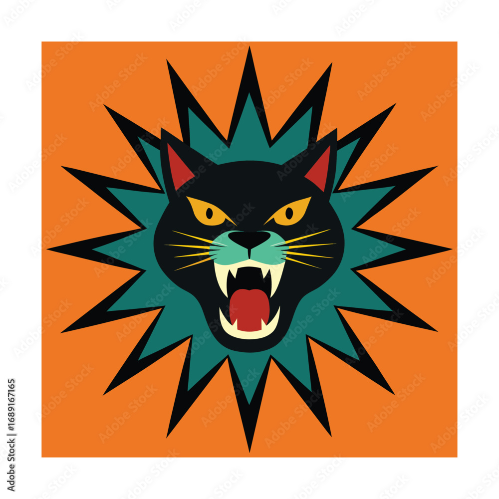 Fototapeta premium Teal and Black Cat Face with Starburst Background teal cat