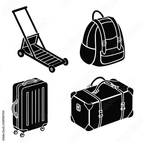 A collection of stylized black and white isometric illustrations of travel luggage including a rolling suitcase a duffel bag a backpack and a luggage cart