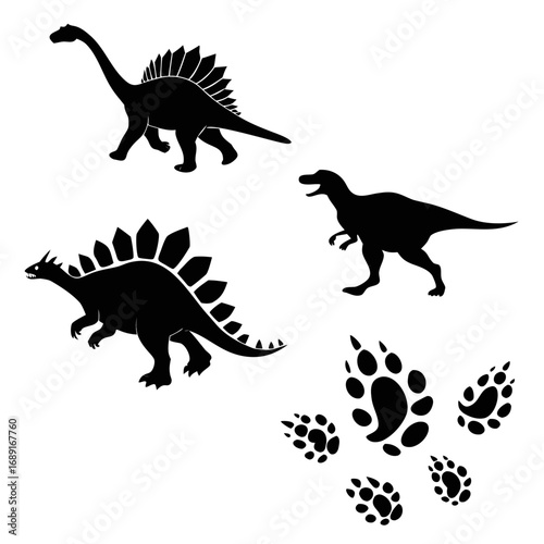 Collection of black silhouette dinosaurs including a brontosaurus stegosaurus and tyrannosaurus rex along with various dinosaur footprints on a white background